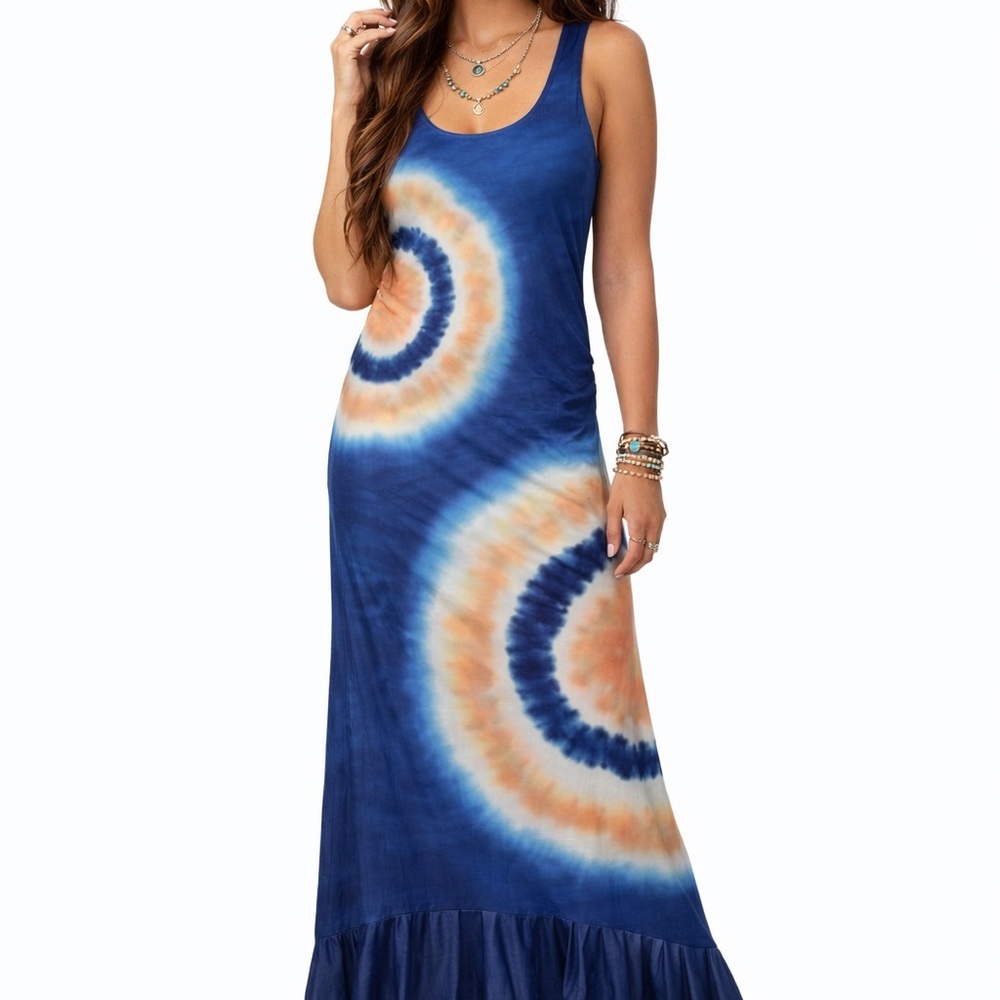 Tie Dye Ruched Hi Low Ruffled Beach Swimsuit Cover Up Boho Casual Festival Dress